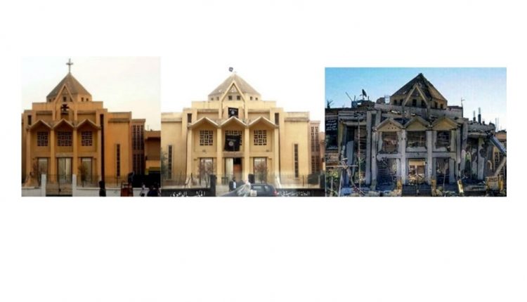 Evolución de la iglesia armenia de Raqqa, como se encontraba antes de la crisis, utilizada por el Estado Islámico y finalmente destruida./ Redes sociales