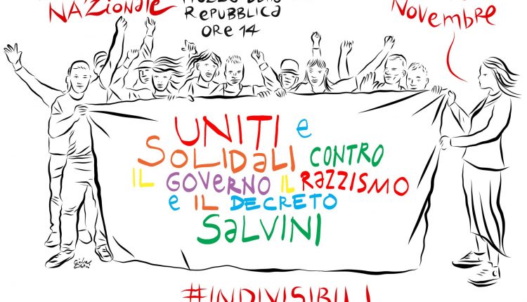 Cartel de la convocatoria para la manifestación del sánado contra el 'decreto Salvini' y la xenofobia en Italia.