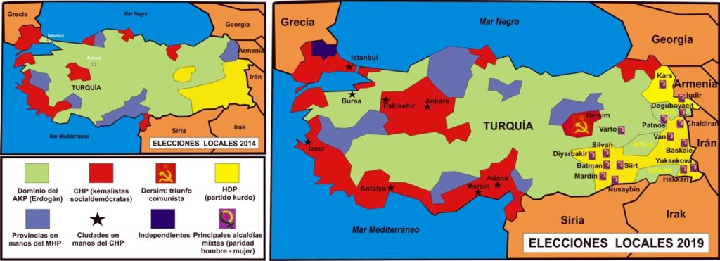 La comparación de los mapas muestra los cambios producidos entre estas elecciones locales y las de 2014. / Manuel Martorell