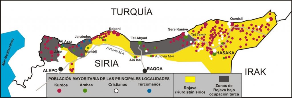 El mapa muestra en gris oscuro las zonas kurdas ocupadas por Turquía y en amarillo el resto de Rojava en manos kurdas. / M. Martorell