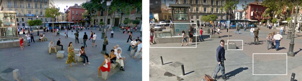 La Plaza de Jacinto Benavente antes y después de la reforma en 2009, recuadrados en blanco la ausencia de bancos, los impedimentos al asiento en los alcorques y la nueva posición de las mujeres en prostitución./ Google Maps